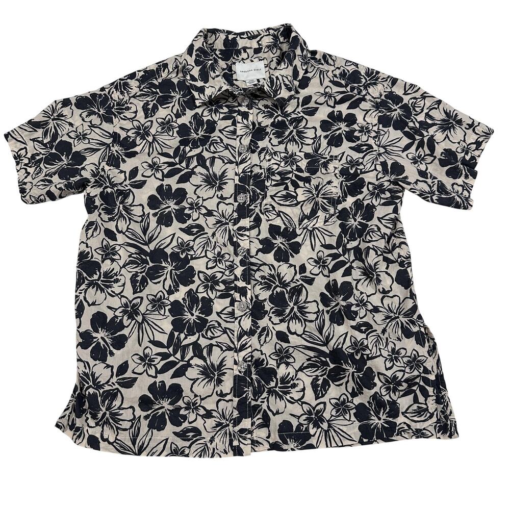 American Eagle Shirt Women M Beige Gray Floral Button-Up Short Sleeve Cotton